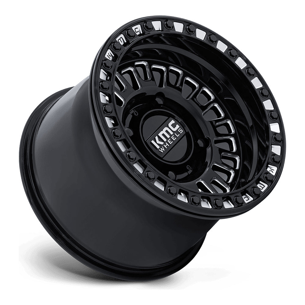 KMC Aztec Beadlock KS242 UTV wheel in gloss black milled, side angle showing the barrel and lip