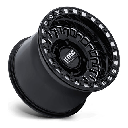 KMC Aztec Beadlock KS242 UTV wheel in gloss black milled, side angle showing the barrel and lip