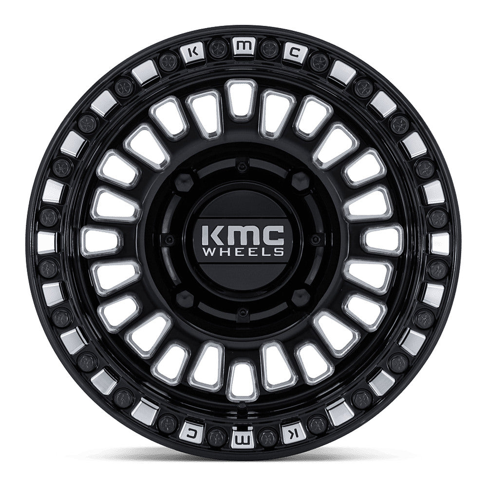KMC Aztec Beadlock KS242 UTV wheel in gloss black milled, straight-on face view