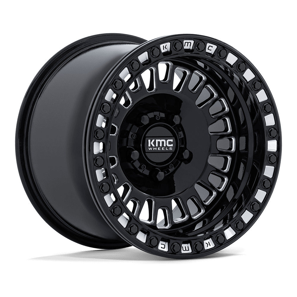 KMC Aztec Beadlock KS242 UTV wheel in gloss black milled, angled front view