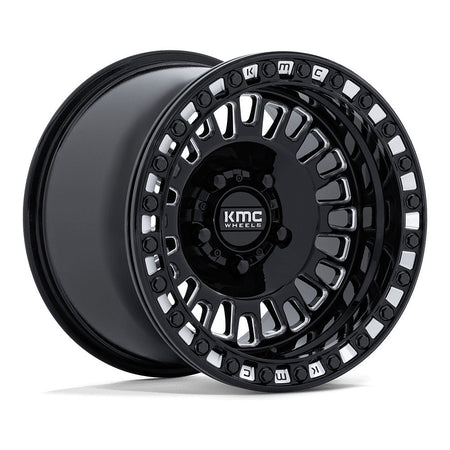 KMC Aztec Beadlock KS242 UTV wheel in gloss black milled, angled front view