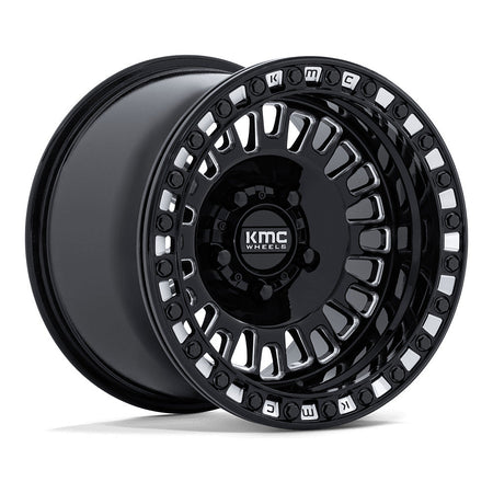 KMC Aztec Beadlock KS242 UTV wheel in gloss black milled, angled front view