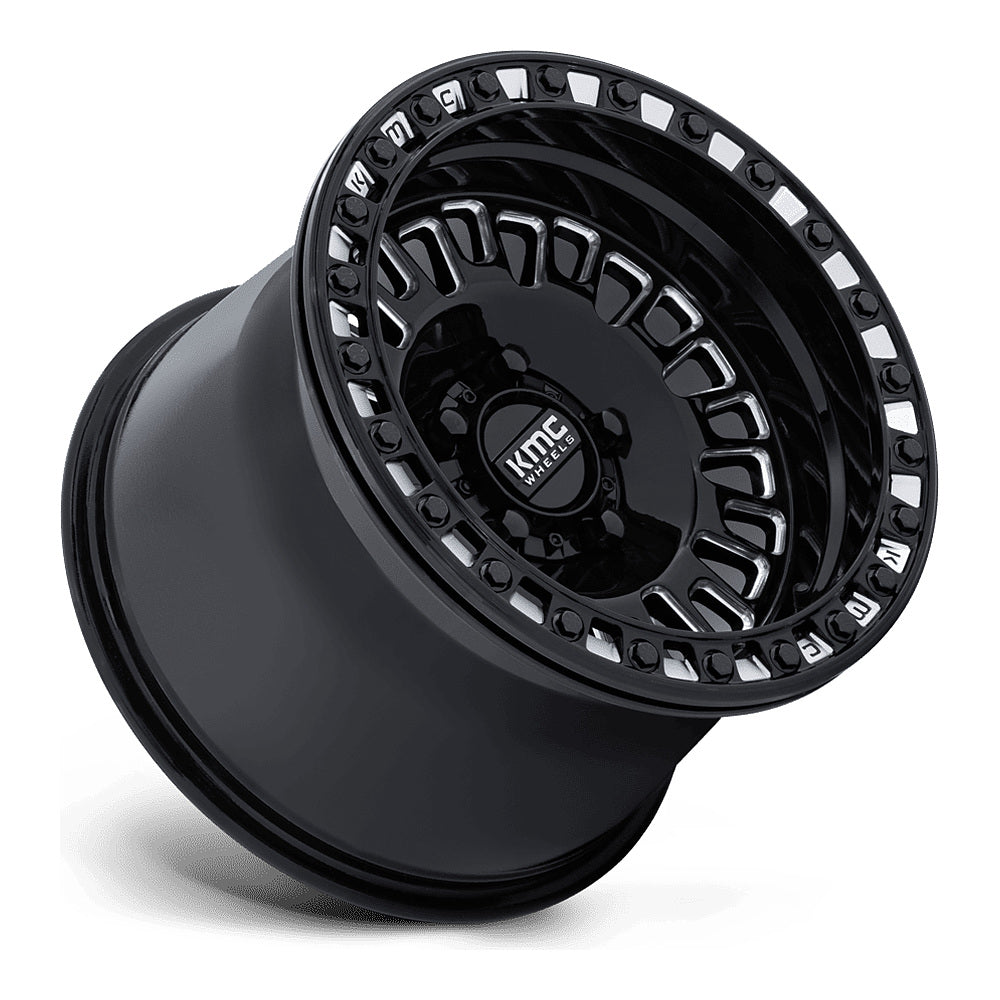 KMC Aztec Beadlock KS242 UTV wheel in gloss black milled, side angle showing the barrel and lip