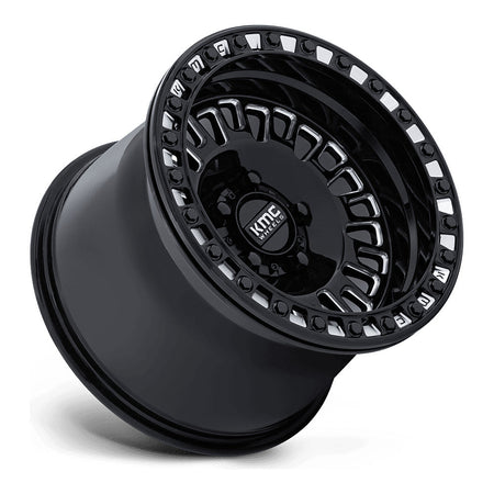 KMC Aztec Beadlock KS242 UTV wheel in gloss black milled, side angle showing the barrel and lip