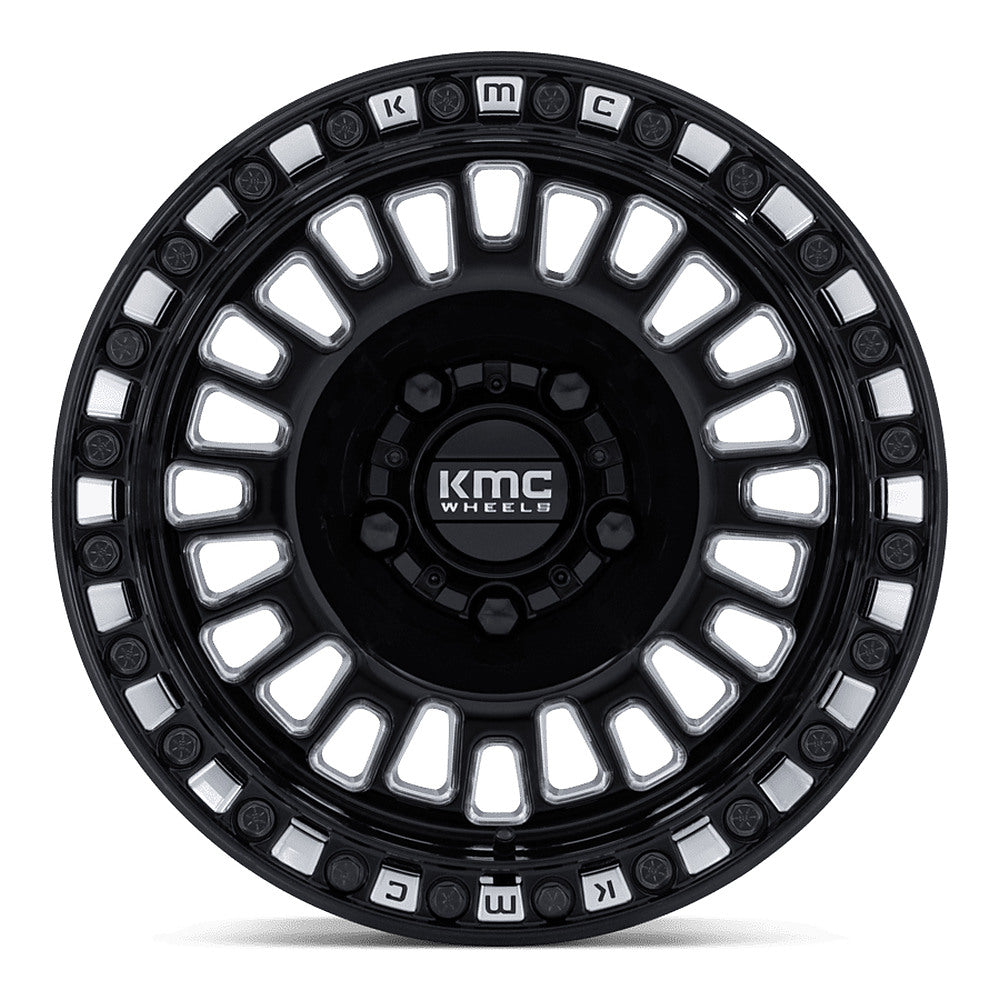 KMC Aztec Beadlock KS242 UTV wheel in gloss black milled, straight-on face view
