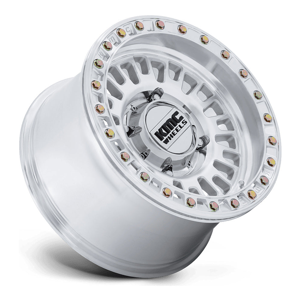KMC Aztec Beadlock KS242 UTV wheel in machined, side angle showing the barrel and lip
