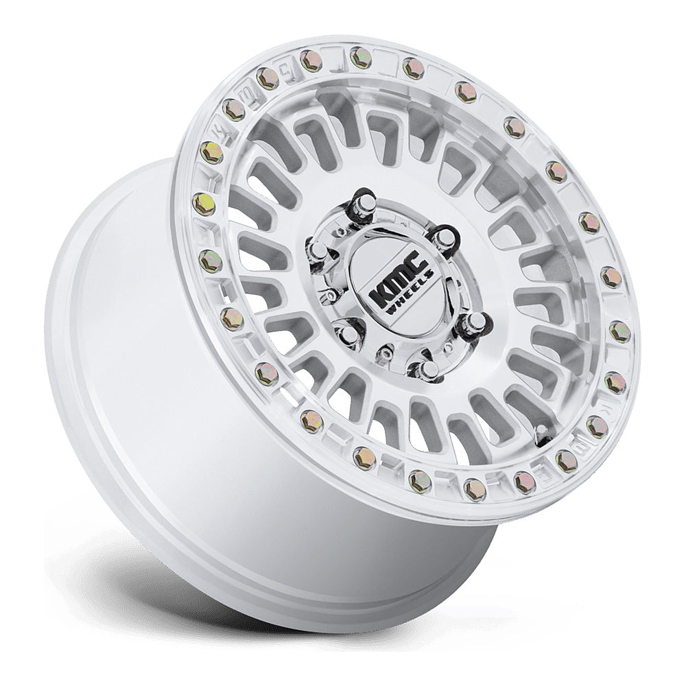 KMC Aztec Beadlock KS242 UTV wheel in machined, side angle showing the barrel and lip