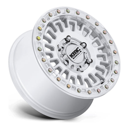 KMC Aztec Beadlock KS242 UTV wheel in machined, side angle showing the barrel and lip