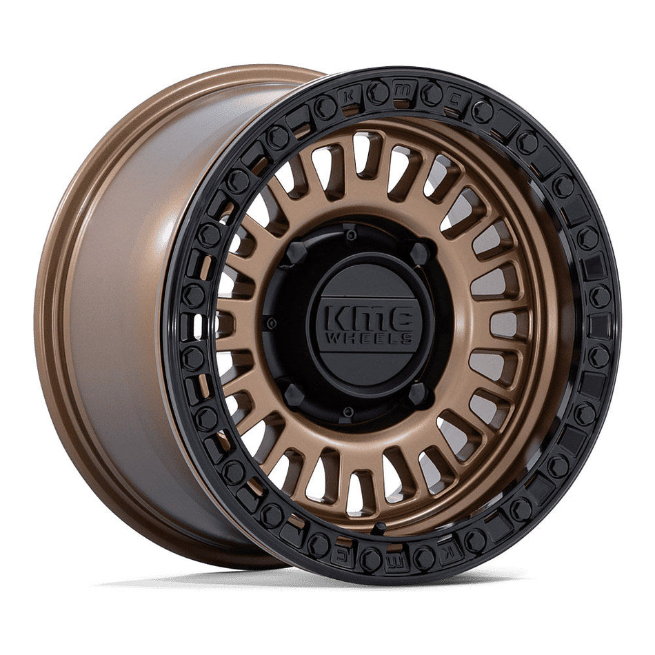 KMC Aztec Beadlock KS242 UTV wheel in matte bronze with matte black ring, angled front view