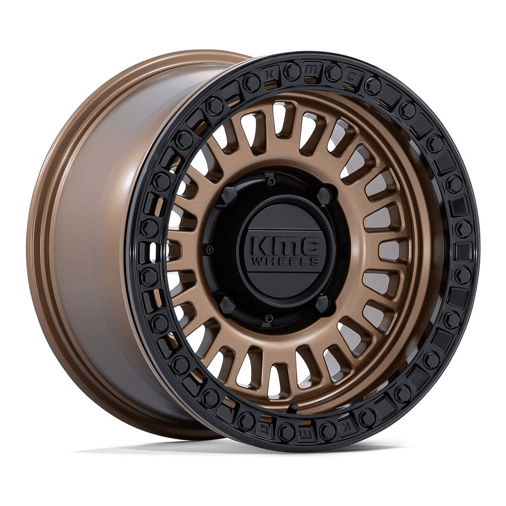KMC Aztec Beadlock KS242 UTV wheel in matte bronze with matte black ring, angled front view