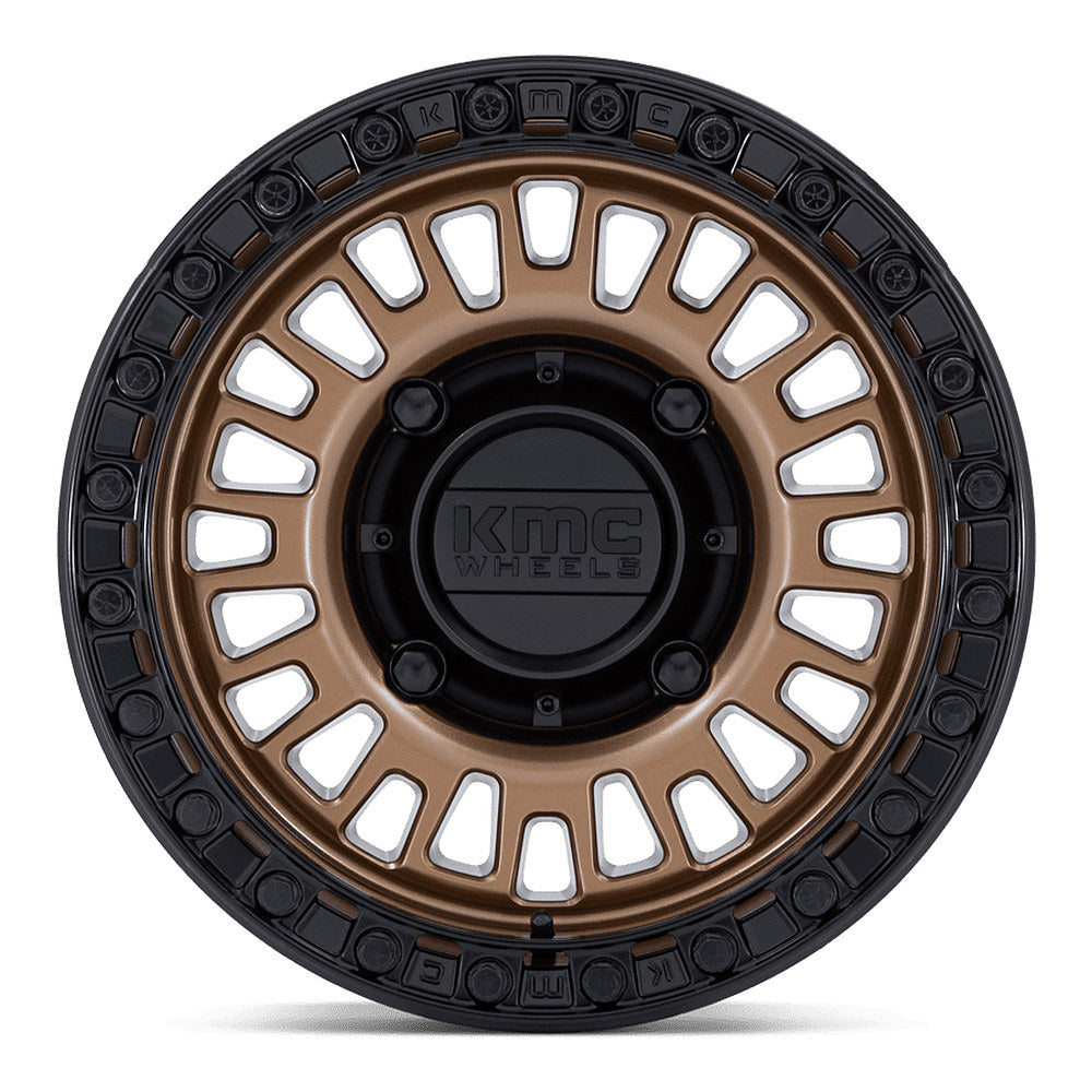 KMC Aztec Beadlock KS242 UTV wheel in matte bronze with matte black ring, straight-on face view