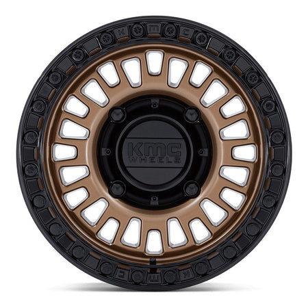 KMC Aztec Beadlock KS242 UTV wheel in matte bronze with matte black ring, straight-on face view