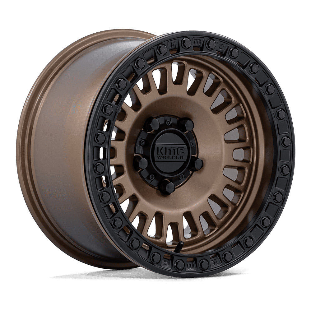 KMC Aztec Beadlock KS242 UTV wheel in matte bronze with matte black ring, angled front view