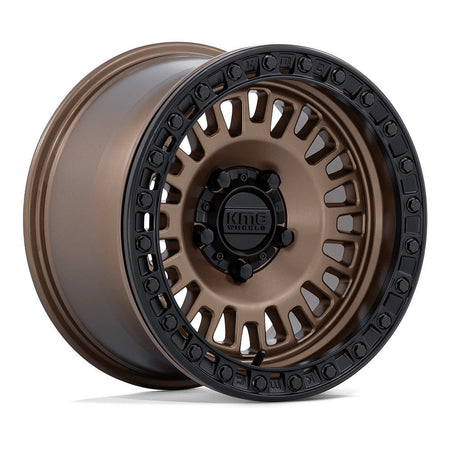 KMC Aztec Beadlock KS242 UTV wheel in matte bronze with matte black ring, angled front view