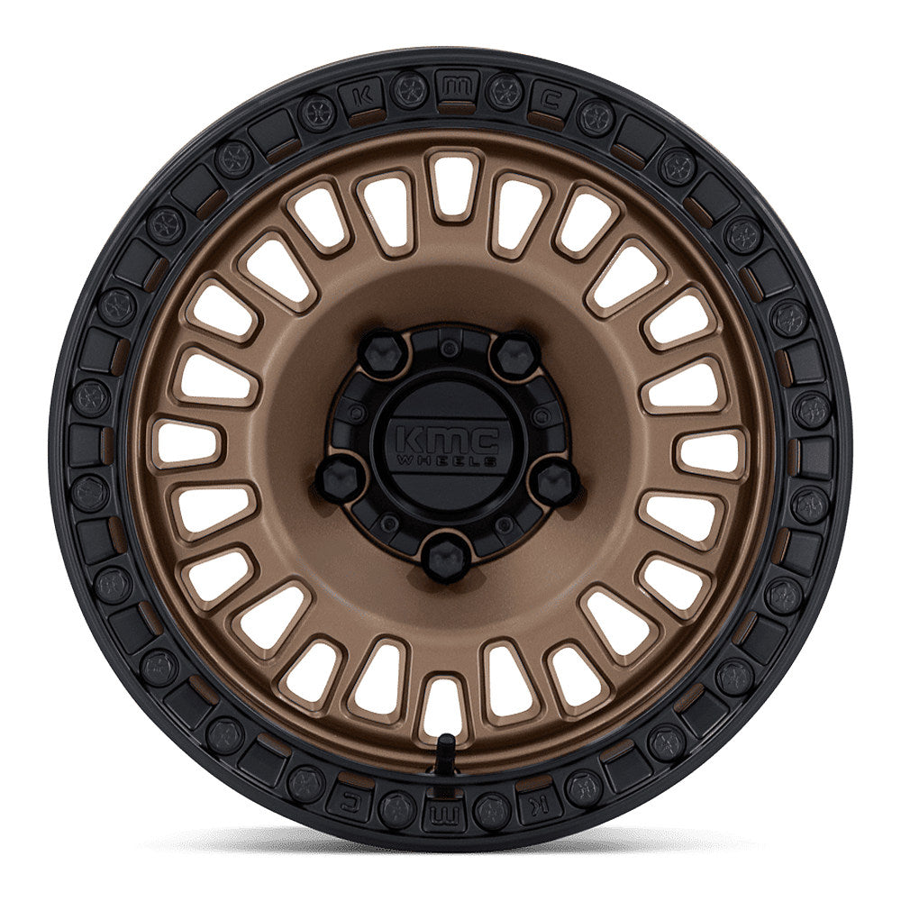 KMC Aztec Beadlock KS242 UTV wheel in matte bronze with matte black ring, straight-on face view