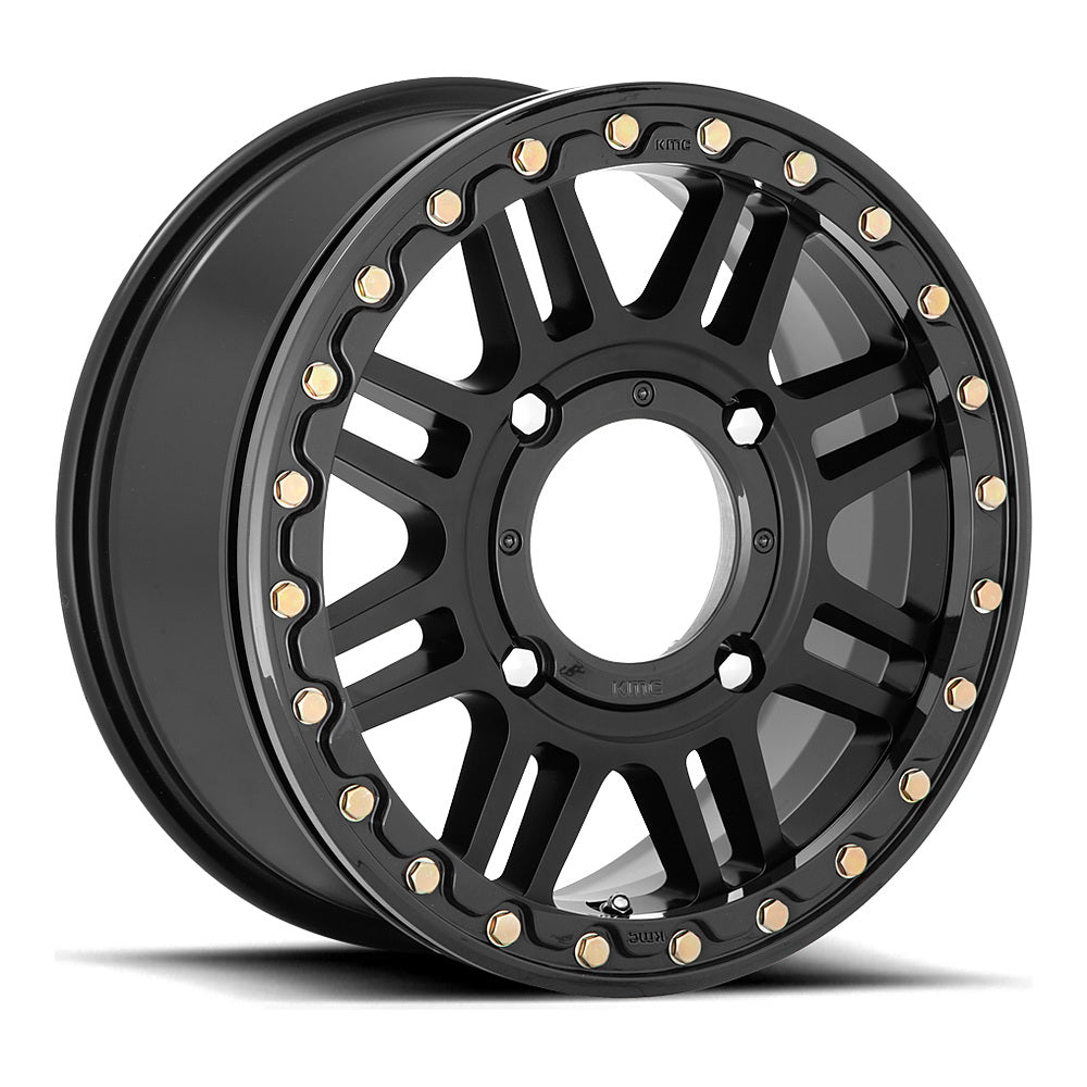KMC Cage Beadlock KS250 UTV wheel in satin black with gloss black ring, angled front view