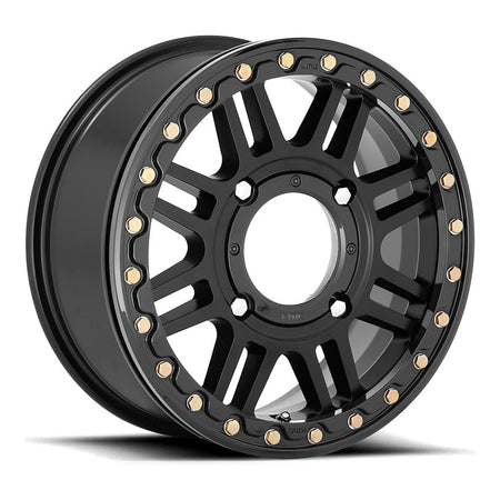 KMC Cage Beadlock KS250 UTV wheel in satin black with gloss black ring, angled front view