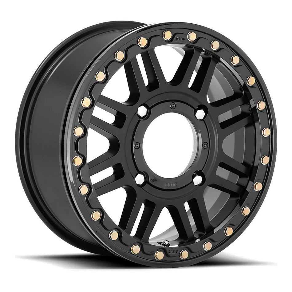KMC Cage Beadlock KS250 UTV wheel in satin black with gloss black ring, angled front view