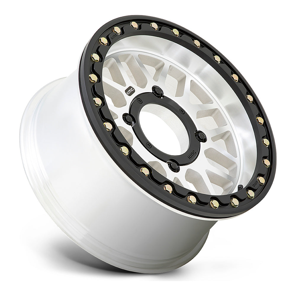 KMC Grenade Beadlock KS235 UTV wheel in machined, side angle showing the barrel and lip