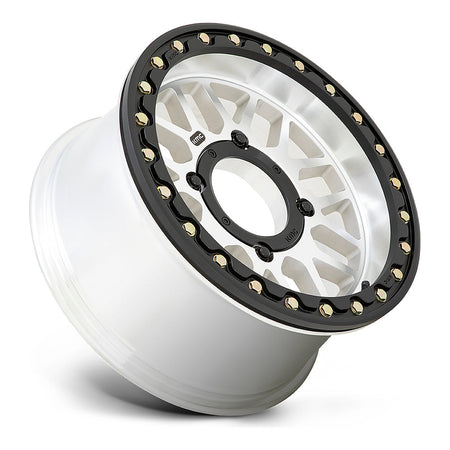 KMC Grenade Beadlock KS235 UTV wheel in machined, side angle showing the barrel and lip