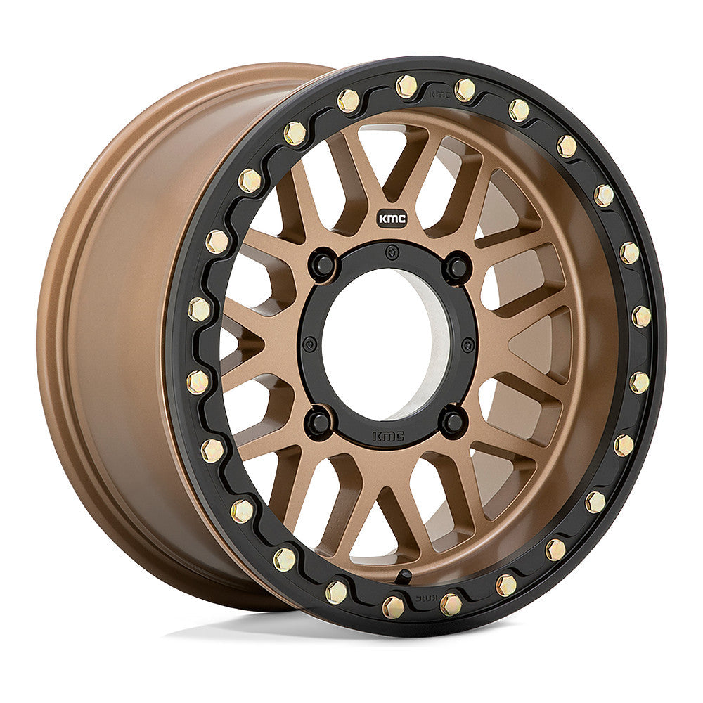 KMC Grenade Beadlock KS235 UTV wheel in satin bronze, angled front view