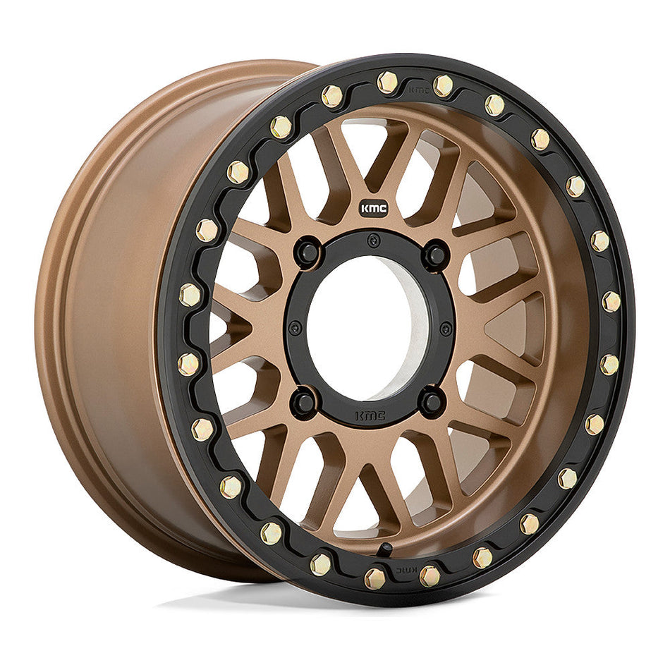 KMC Grenade Beadlock KS235 UTV wheel in satin bronze, angled front view