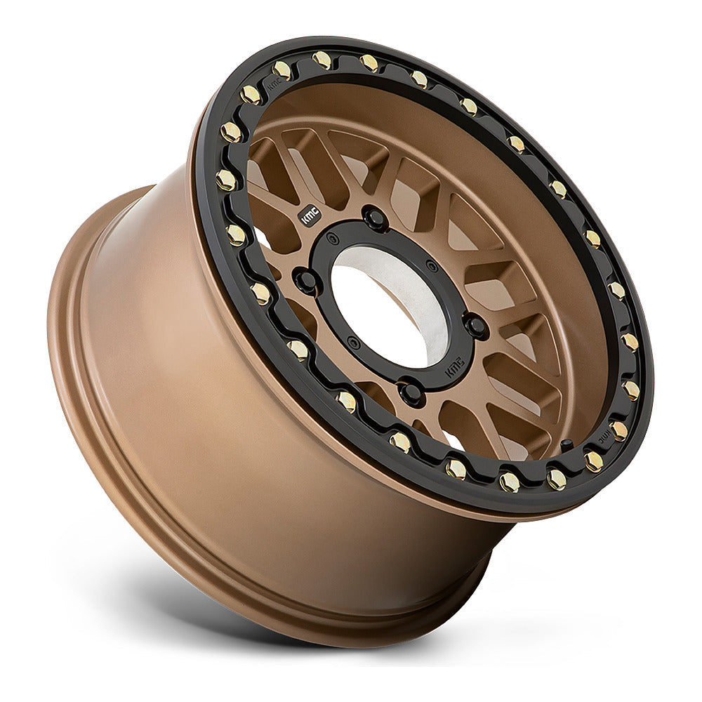 KMC Grenade Beadlock KS235 UTV wheel in satin bronze, side angle showing the barrel and lip