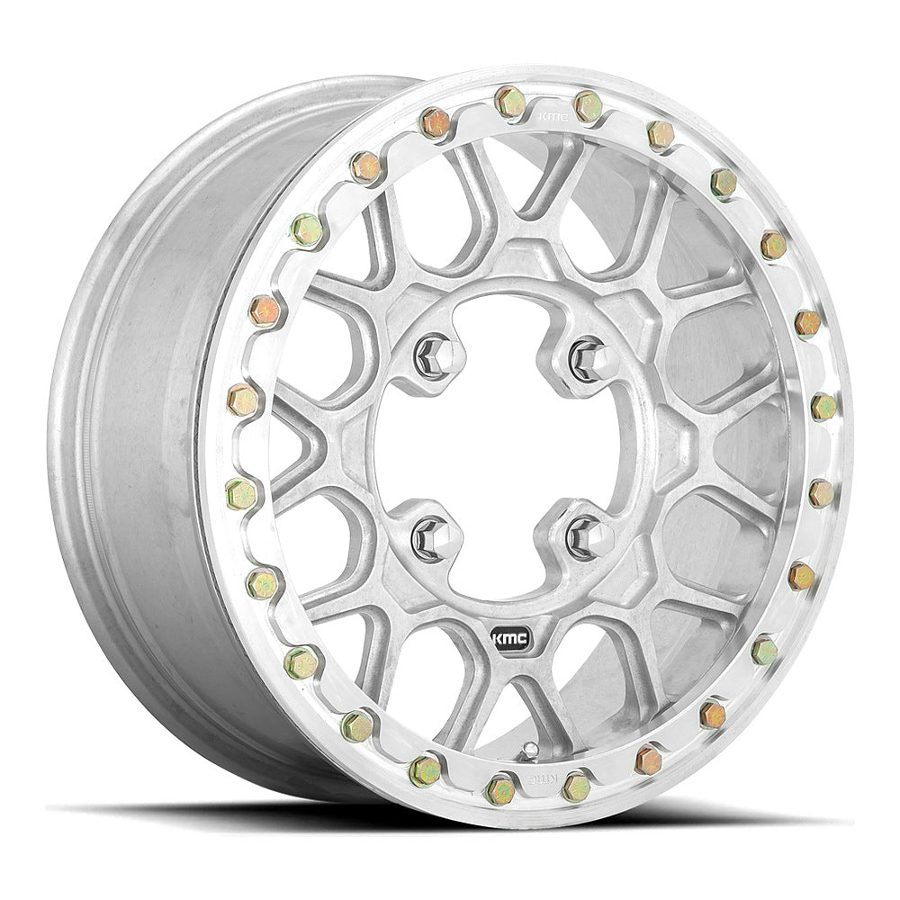 KMC Grenade Forged Beadlock KS435 UTV wheel in raw machined, angled front view