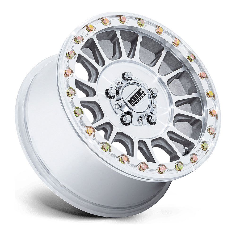 KMC Impact Beadlock KS239 UTV wheel in machined, side angle showing the barrel and lip