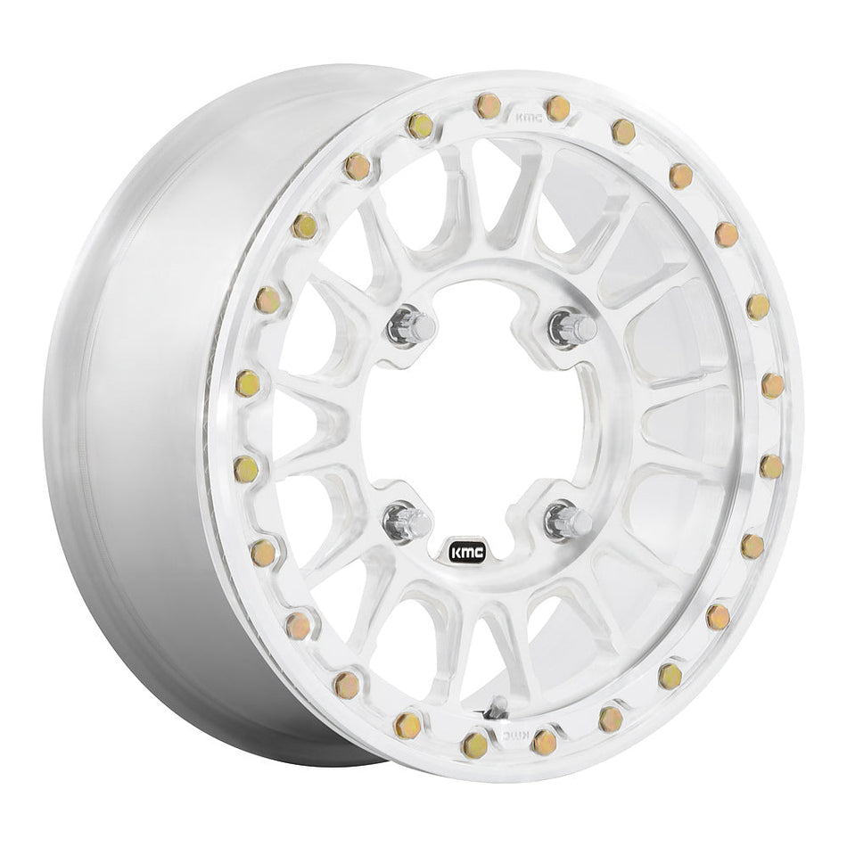 KMC Impact Forged Beadlock KS436 UTV wheel in raw machined, angled front view
