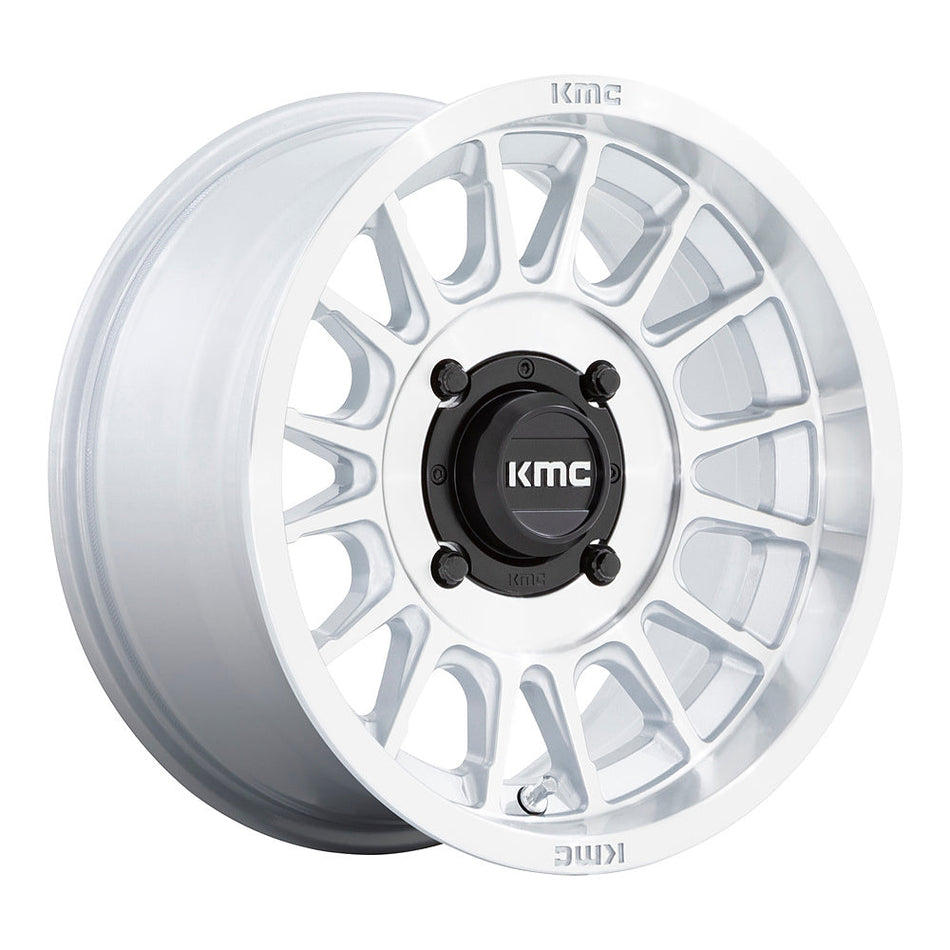 KMC Impact KS138 UTV wheel in silver with machined face, angled front view