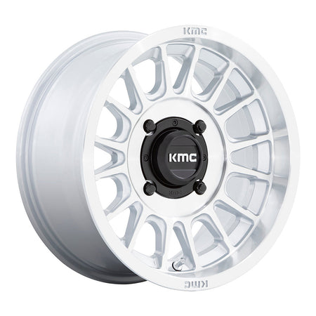 KMC Impact KS138 UTV wheel in silver with machined face, angled front view