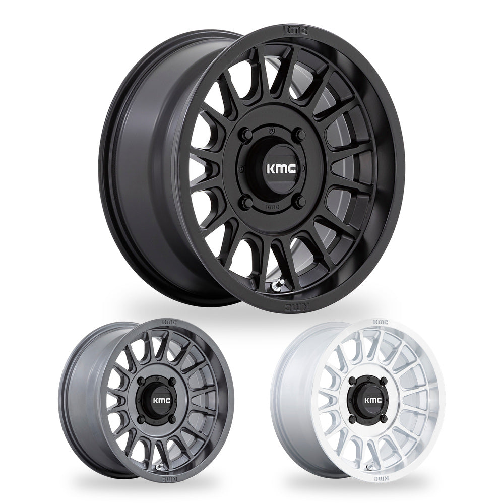 KMC Impact (KS138) UTV wheel in every finish: satin black, anthracite and silver with machined face