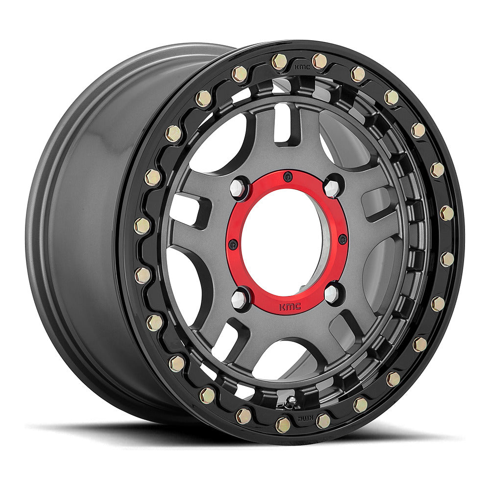 KMC Recon Beadlock KS240 UTV wheel in gunmetal with gloss black ring, angled front view