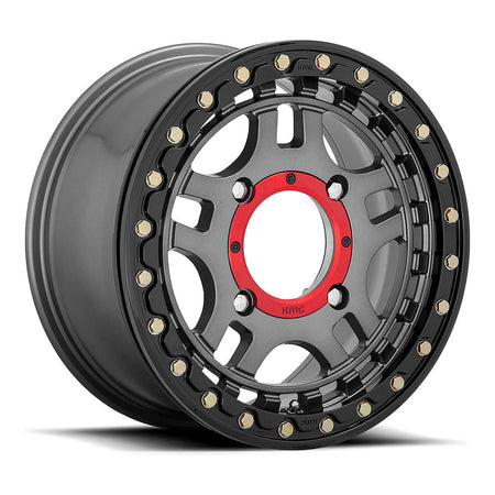 KMC Recon Beadlock KS240 UTV wheel in gunmetal with gloss black ring, angled front view