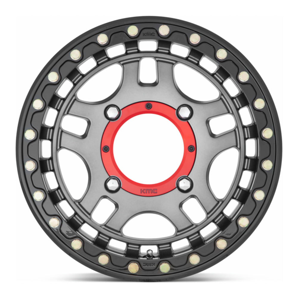 KMC Recon Beadlock KS240 UTV wheel in gunmetal with gloss black ring, straight-on face view