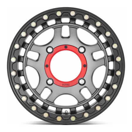 KMC Recon Beadlock KS240 UTV wheel in gunmetal with gloss black ring, straight-on face view