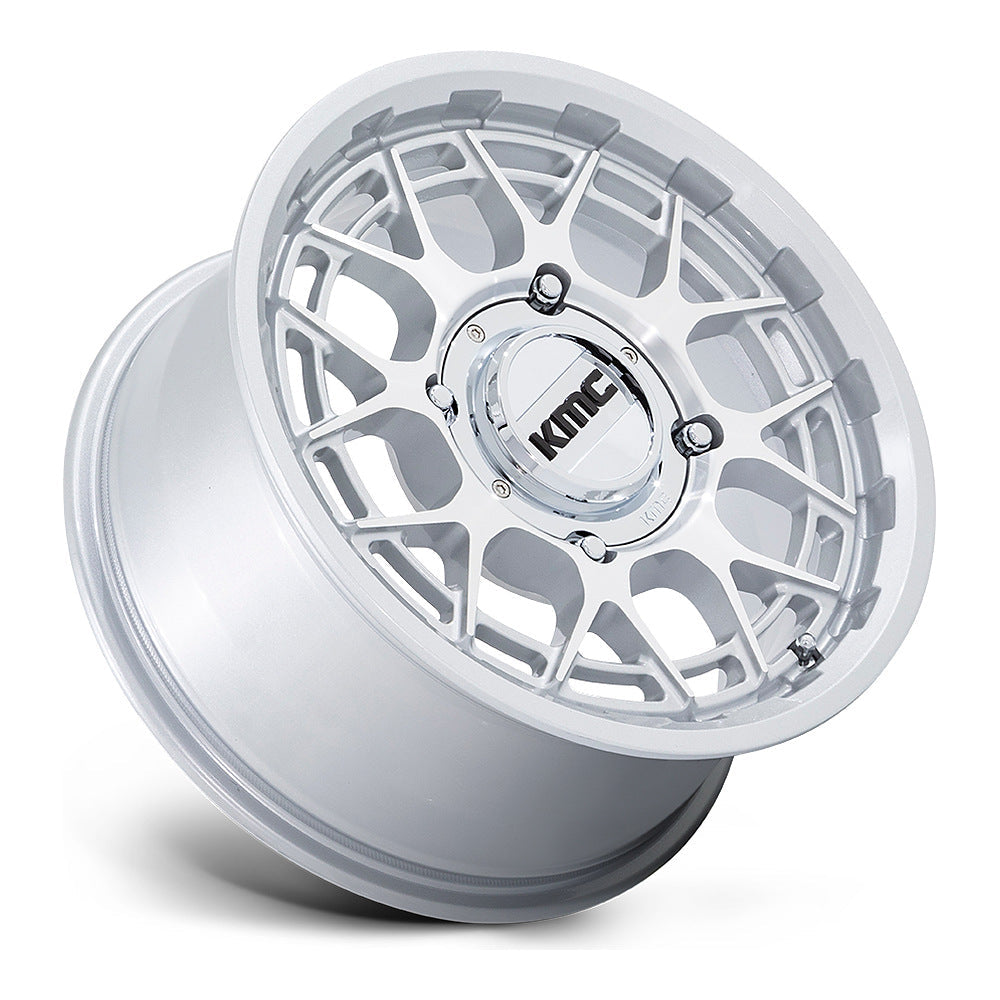 KMC Technic KS139 UTV wheel in gloss silver machined, side angle showing the barrel and lip
