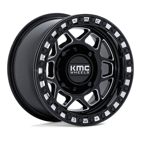 KMC Torx Beadlock KS241 UTV wheel in gloss black milled, angled front view