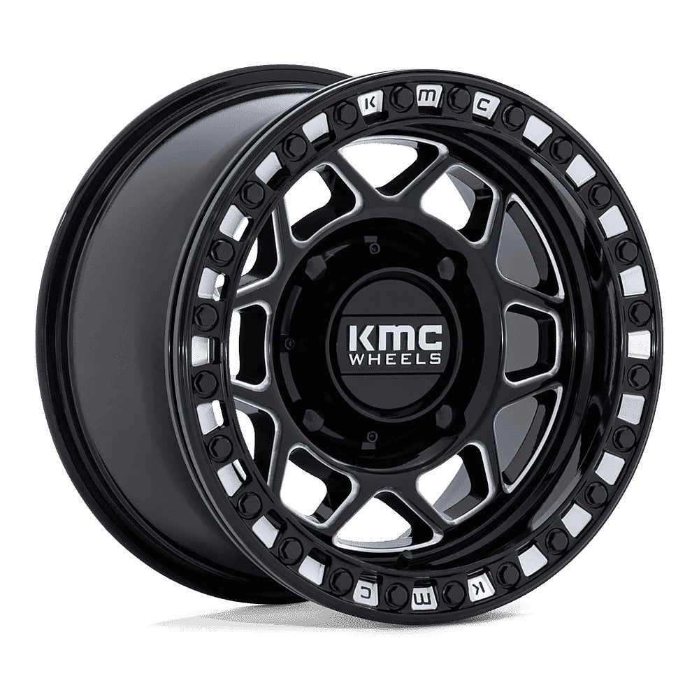 KMC Torx Beadlock KS241 UTV wheel in gloss black milled, angled front view