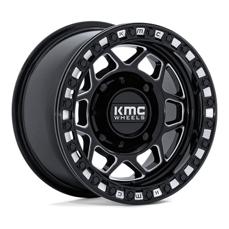 KMC Torx Beadlock KS241 UTV wheel in gloss black milled, angled front view
