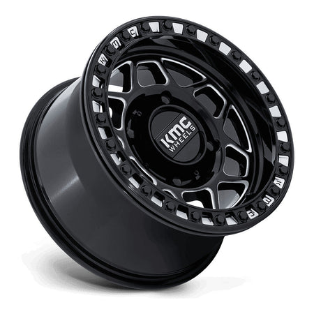 KMC Torx Beadlock KS241 UTV wheel in gloss black milled, side angle showing the barrel and lip