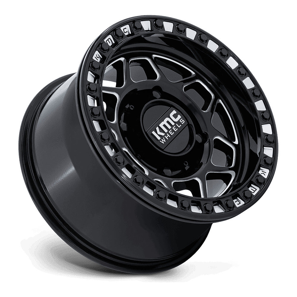KMC Torx Beadlock KS241 UTV wheel in gloss black milled, side angle showing the barrel and lip