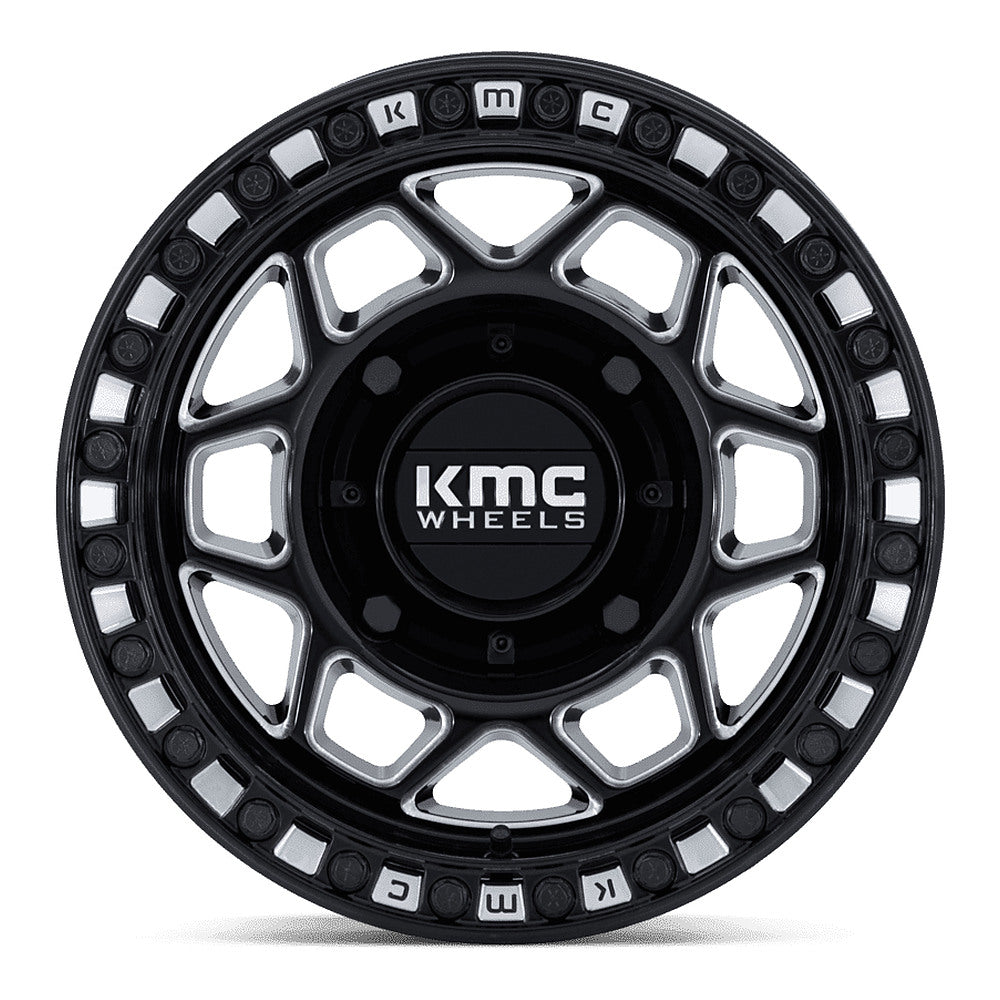 KMC Torx Beadlock KS241 UTV wheel in gloss black milled, straight-on face view