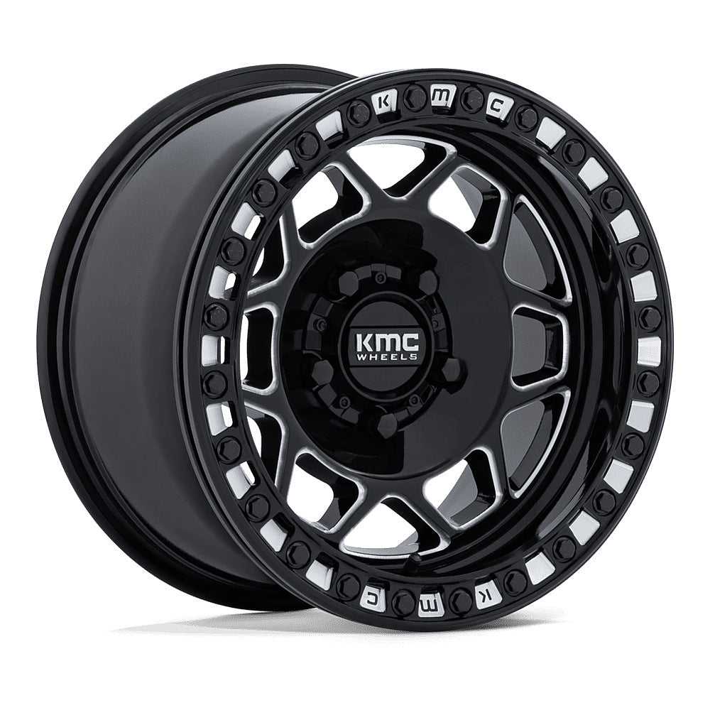 KMC Torx Beadlock KS241 UTV wheel in gloss black milled, angled front view