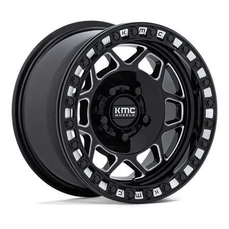 KMC Torx Beadlock KS241 UTV wheel in gloss black milled, angled front view