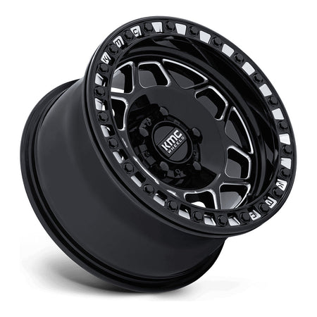 KMC Torx Beadlock KS241 UTV wheel in gloss black milled, side angle showing the barrel and lip