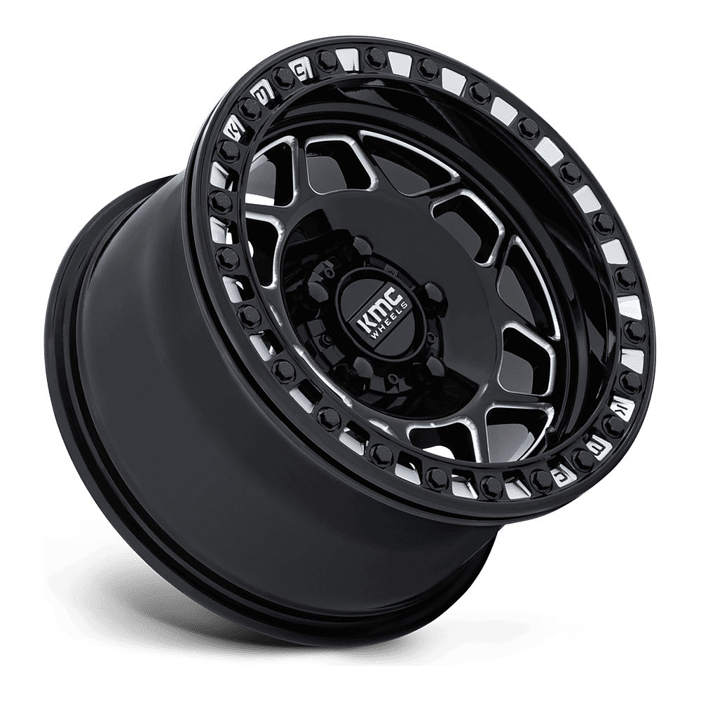KMC Torx Beadlock KS241 UTV wheel in gloss black milled, side angle showing the barrel and lip