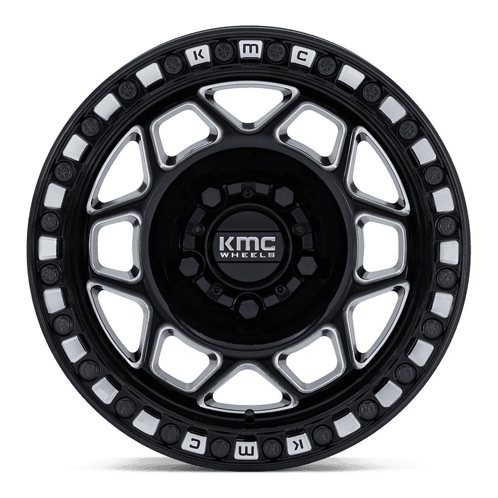 KMC Torx Beadlock KS241 UTV wheel in gloss black milled, straight-on face view
