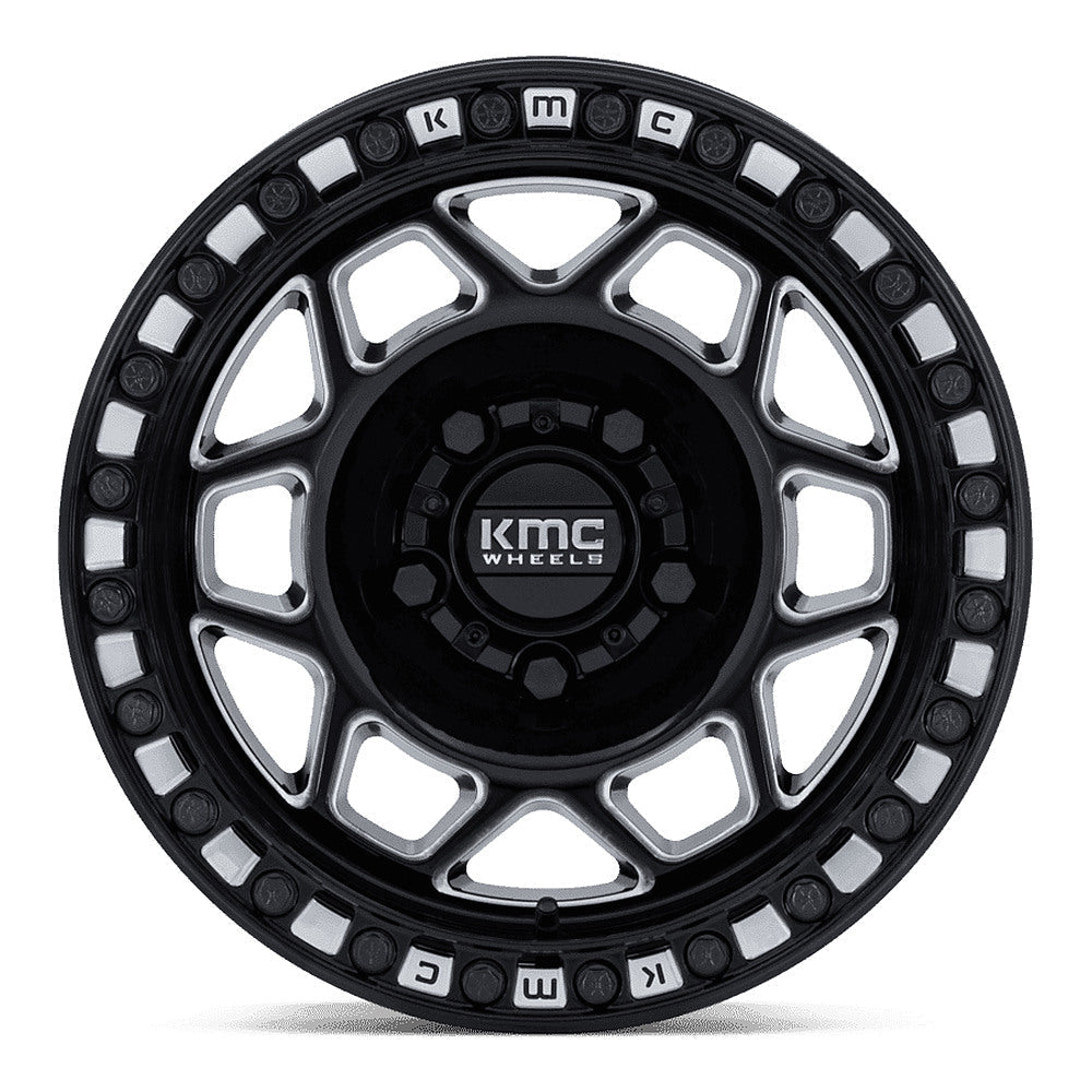KMC Torx Beadlock KS241 UTV wheel in gloss black milled, straight-on face view